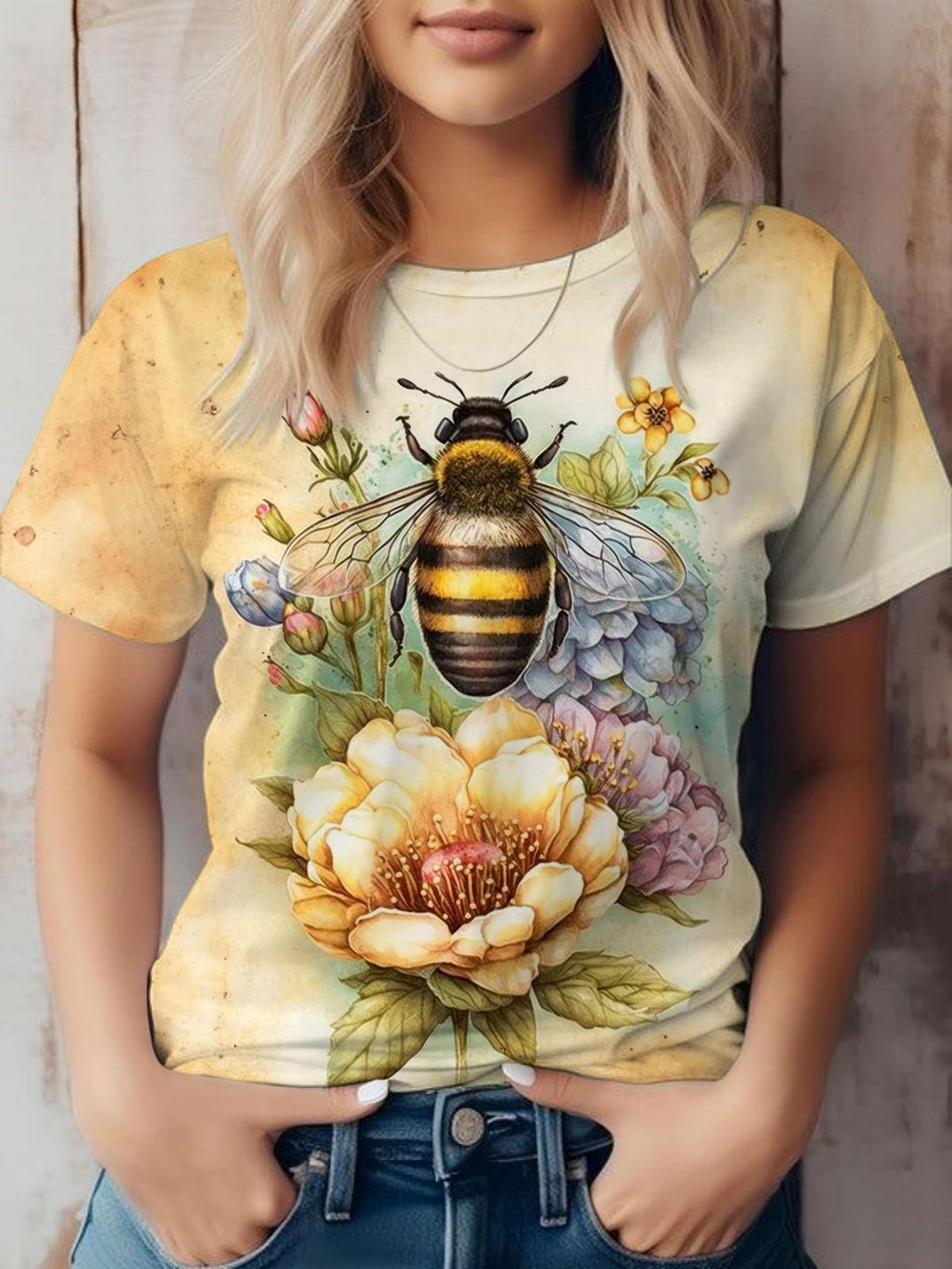 Vintage Floral Bee Crew Neck T-shirt