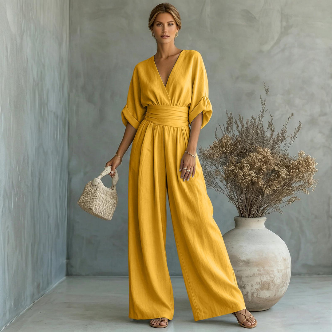 Womens Jumpsuits Casual Dressy V Neck Wide Leg Flowy Short Sleeve Casual Cinched Waist Overalls Daily Wear best service