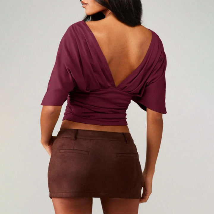 Dolman Sleeve Cinched Waist Top Deep V Neck Side Ruched Sexy Dolman Sleeve Blouses Going Out Tops for Leisure innate