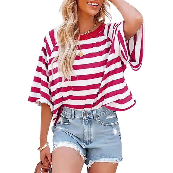Striped Shirt Women Crew Neck Fashion Casual T Shirts Loose Fit Basic Tops for Travel Going Out Commuting approving