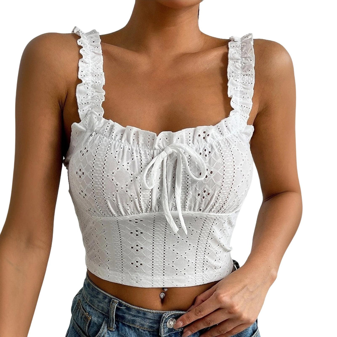 Eyelet Tank Tops for Women Ruffle Ruched Sleeveless Square Neck Tie Front Bust Crop Camisole Tops for Travel excellent