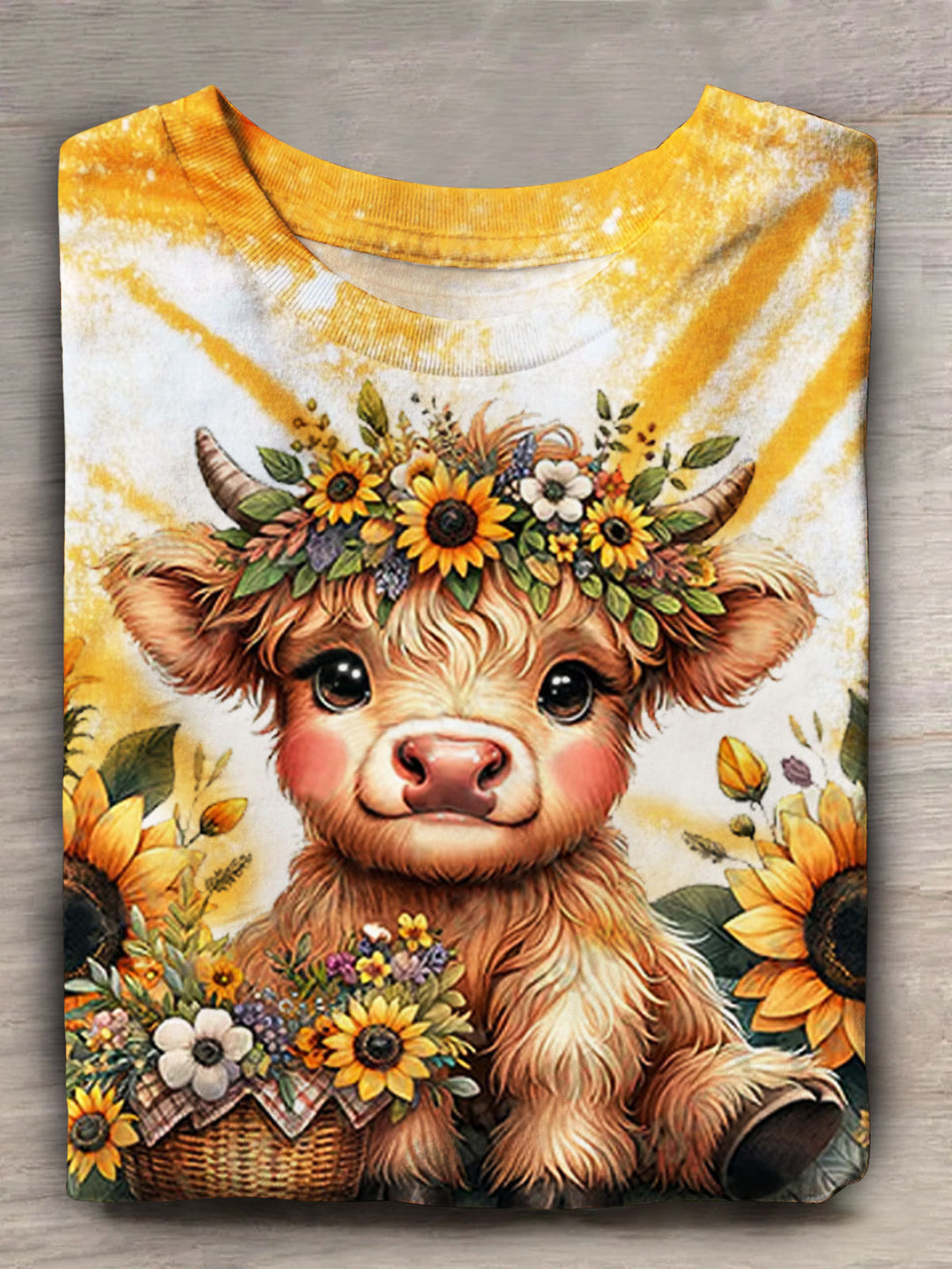 Sunflower Highland Cow Print Casual Short Sleeve T-Shirt
