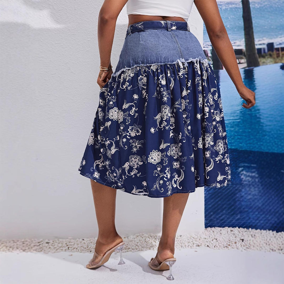 Midi Denim Skirt Floral Print High Waisted A Line Denim Chiffon Splicing Flowy Skirt for Dating Vacation beautifully