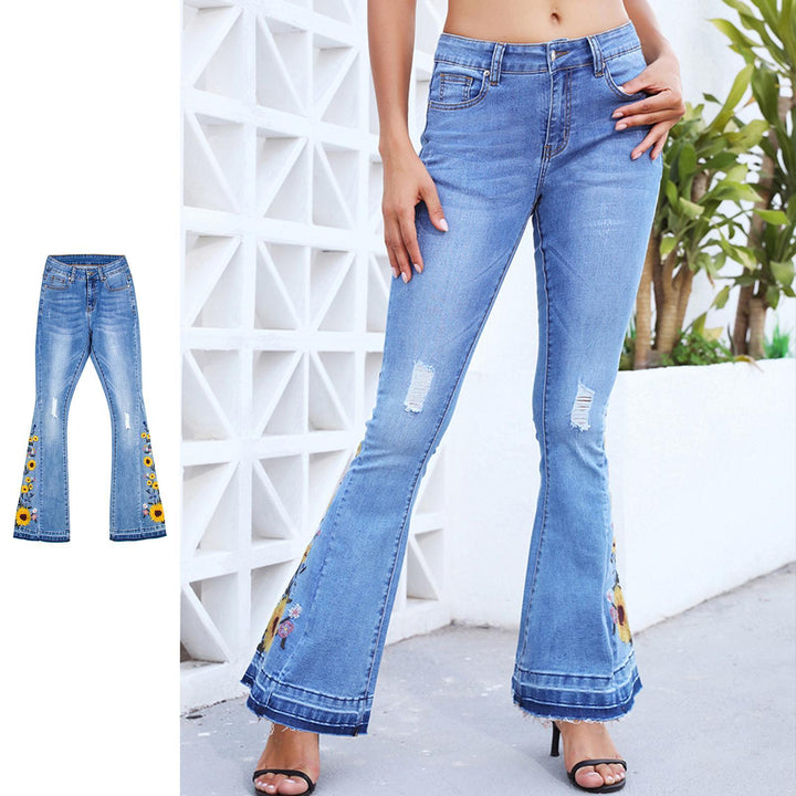 Women Flare Jeans Sunflower Embroidered Midlle Waisted Flared Jean Stretchy Denim Pants for Vacation Travel calm
