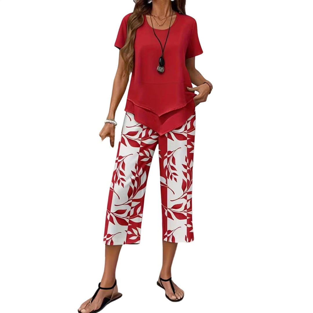 2 Piece Sets for Women Summer Crewneck Short Sleeve Shirts and Wide Leg Capri Pants Lounge Outfit for Travel gently