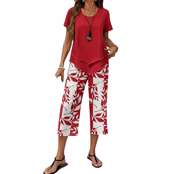 2 Piece Sets for Women Summer Crewneck Short Sleeve Shirts and Wide Leg Capri Pants Lounge Outfit for Travel gently