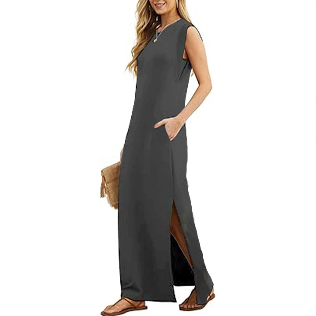 Tank Maxi Dress Sleeveless Solid Color Maxi Dress Loose Fit Side Slit Sundress for Fashionable Daily Wear Vacation Dating classy