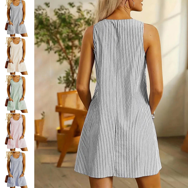 Striped Dress for Women Button Casual Crewneck Striped Printed Short Dress with Pocket for Travel Daily pretty good