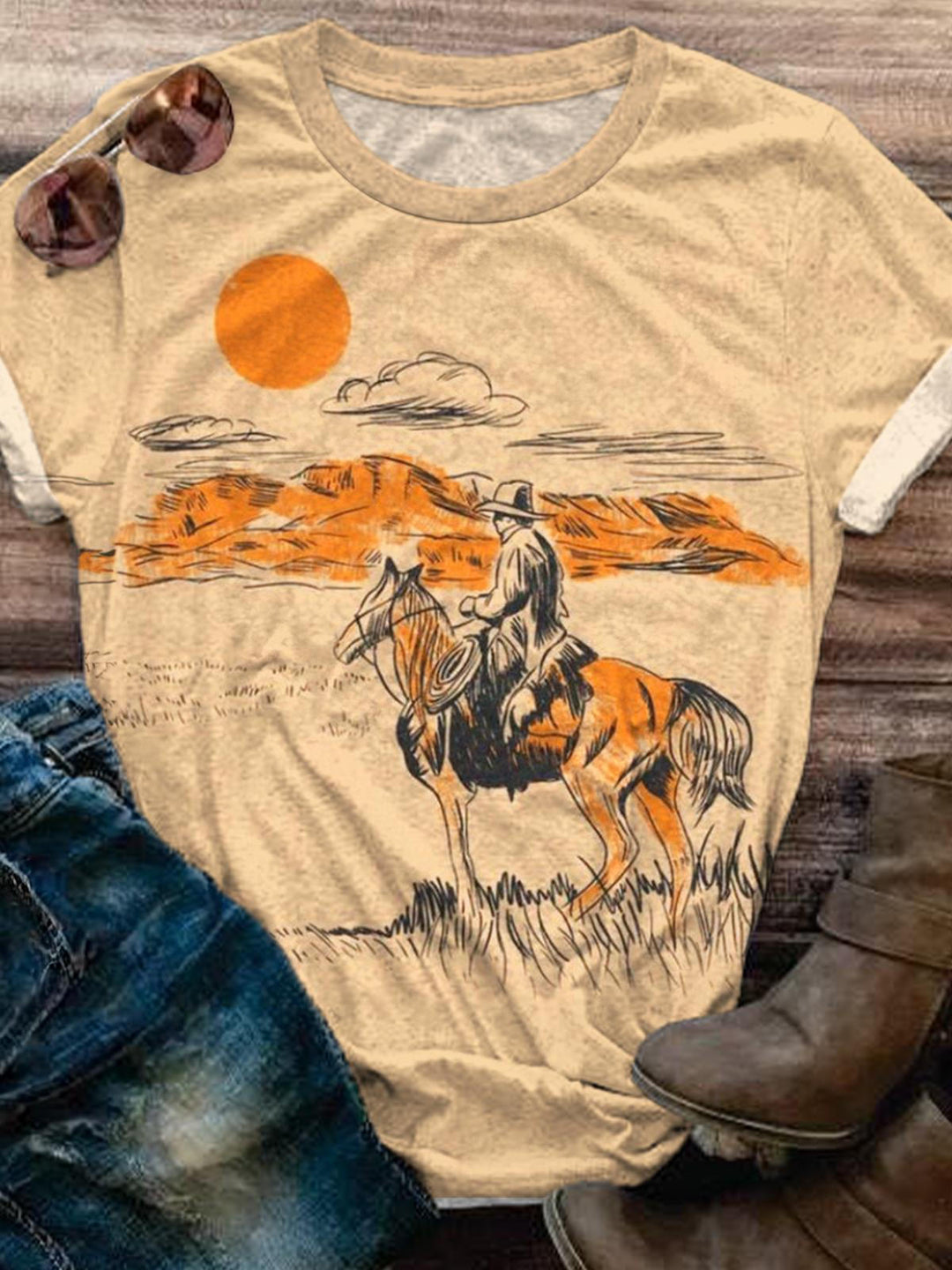 Vintage Sunset Cowboy Crew Neck T-shirt
