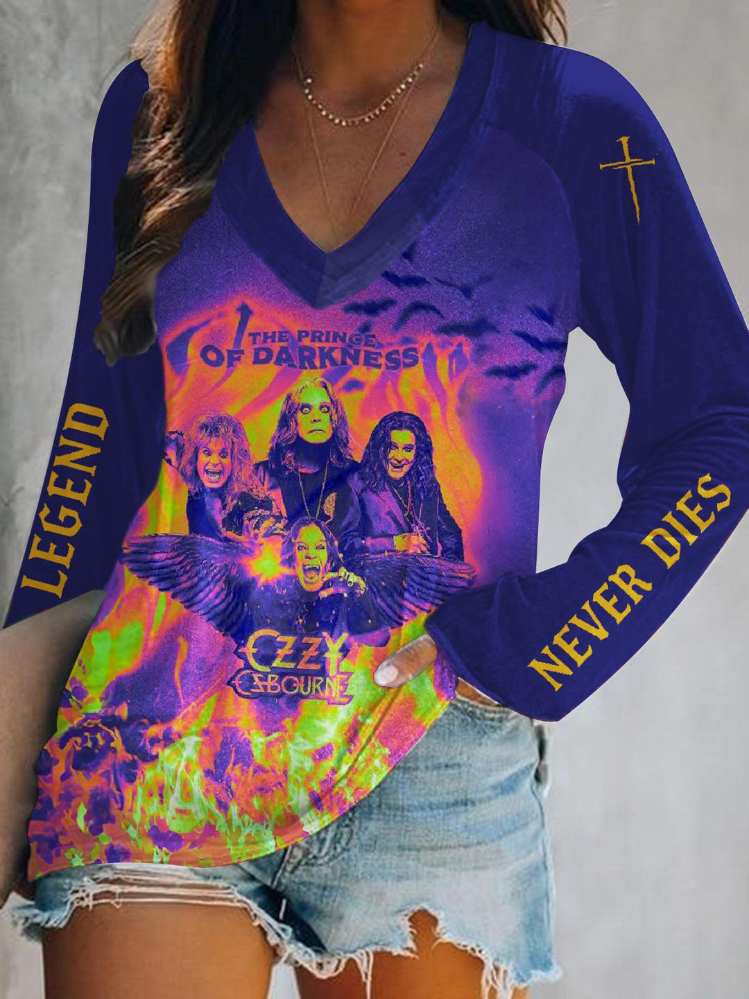 Ozzy Osbourne Print V-Neck Long Sleeve Top