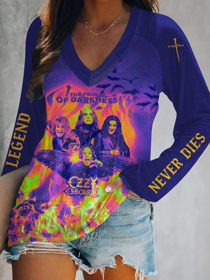 Ozzy Osbourne Print V-Neck Long Sleeve Top