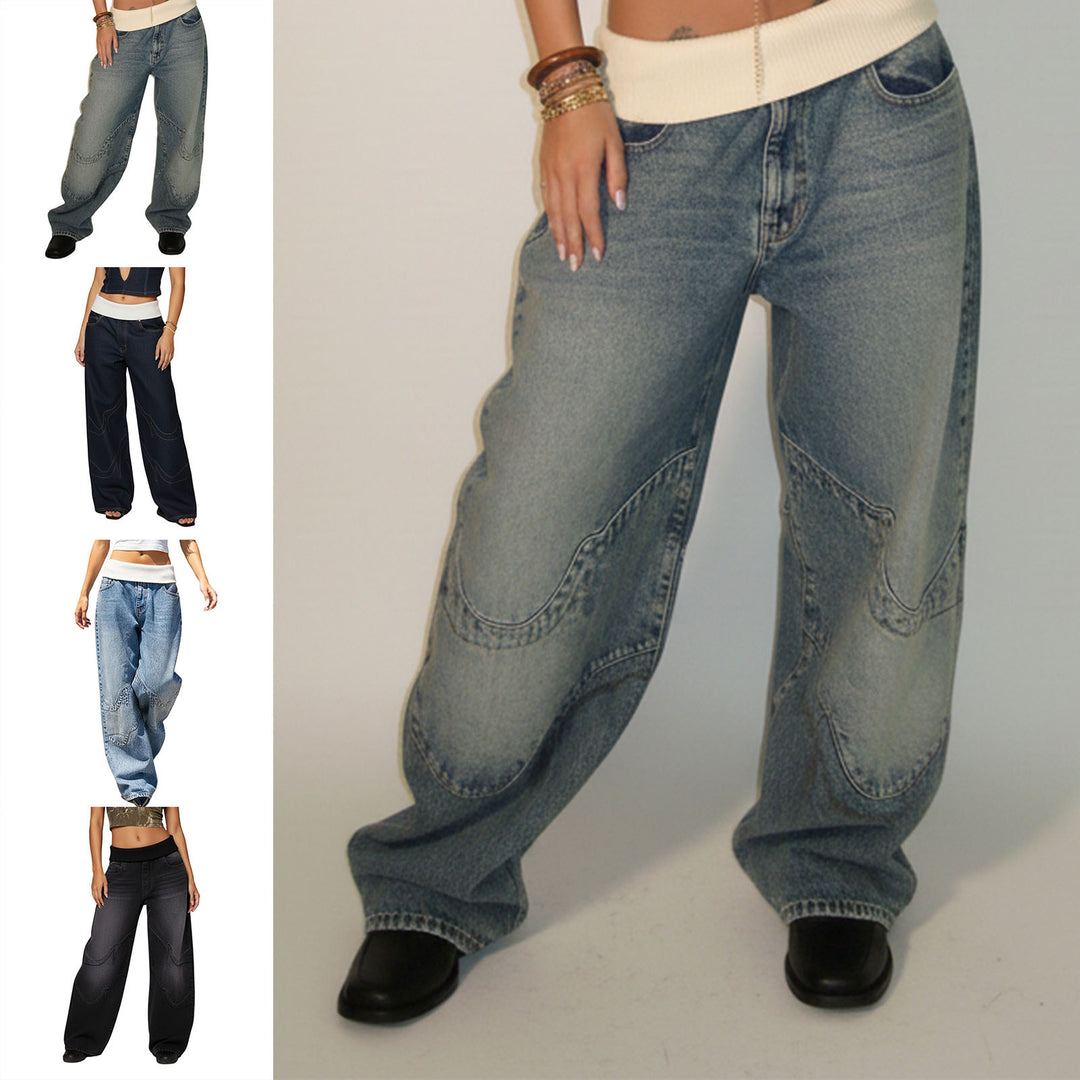 Womens Low Rise Baggy Jeans Fold-Over Elastic Waist Wide Leg Jeans Denim Pants Loose Fit Trousers for Club appropriate