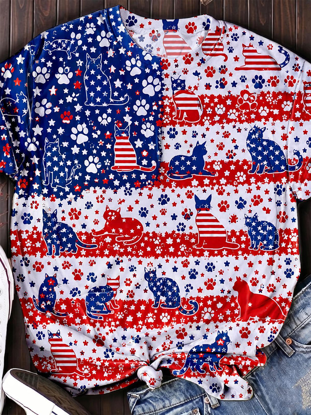 Independence Day American Flag Cat Women's Short Sleeve Crew Neck T-shirt