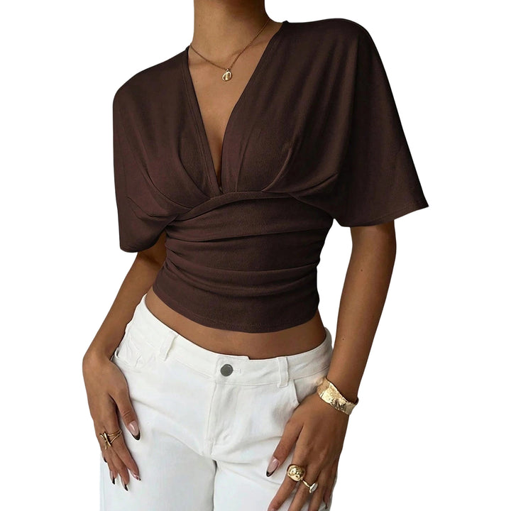 Cinch Waist Tops for Women Ruched Deep V Neck Crop Tops Sexy Summer T Shirts Short Sleeve for Travel Dating original