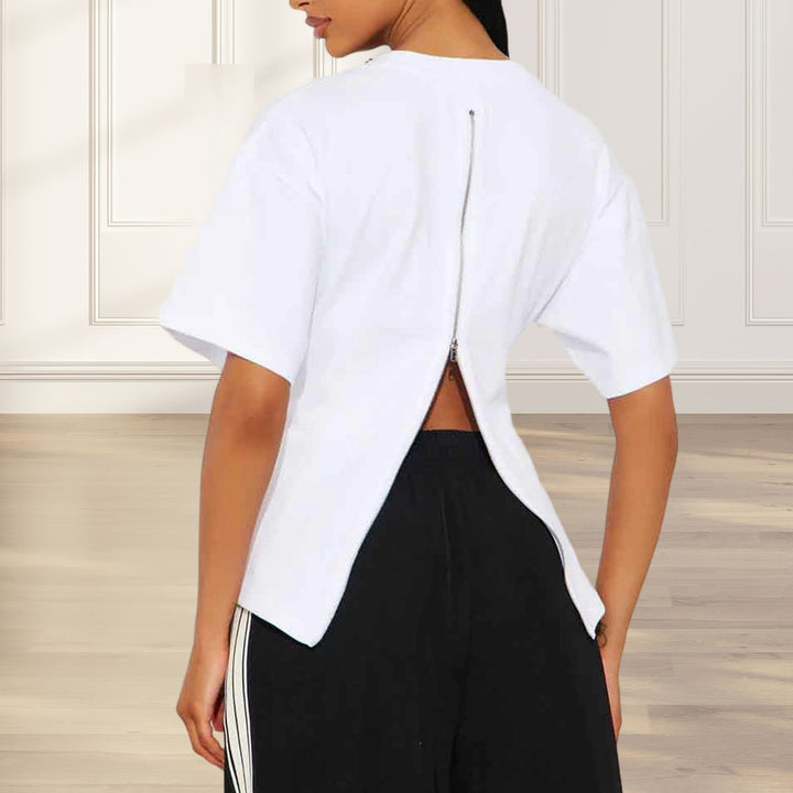 Zipper Back Shirt for Women Back Zipper Crewneck Short Sleeve Cinched Waist Top for Daily Wear Vacation method