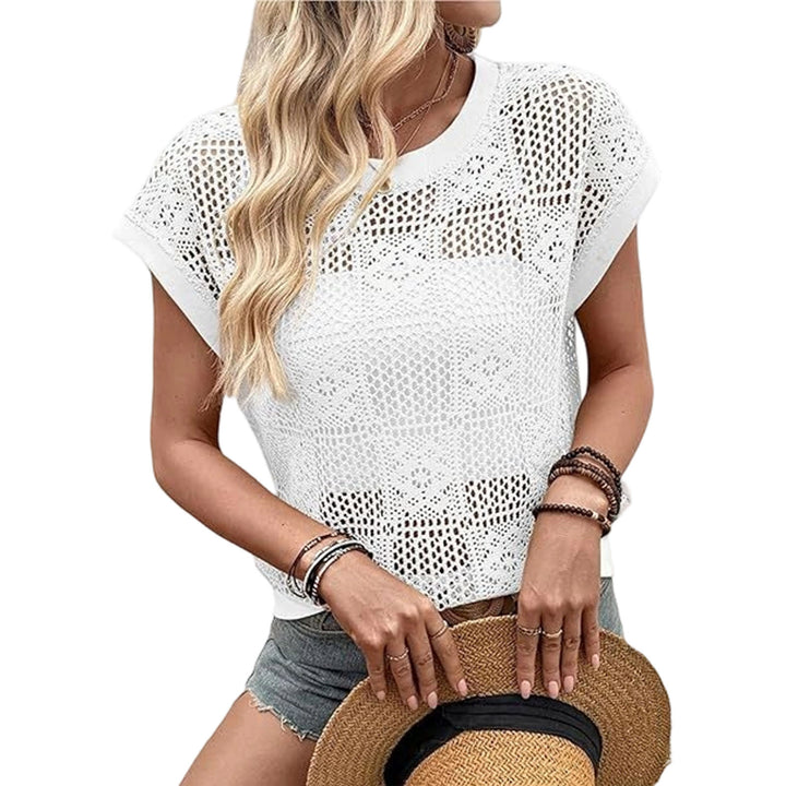 Crochet Top Cap Sleeve Hollow Out Blouse Lightweight Beach Vacation Clothes for Daily Wear Dating Travel dependable