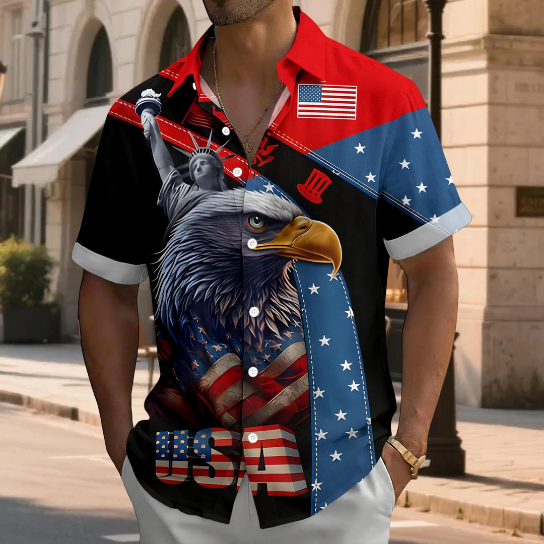 Flag Button Up Shirt Men Eagle Print Short Sleeve Button Down Patriotic Hawaiian Shirts for Parade Party amiable