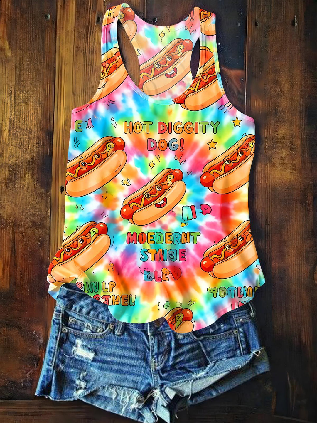 Colorful Tie-Dye Fun Hot Dogs Women's Crew Neck All Over Printed Tank Top