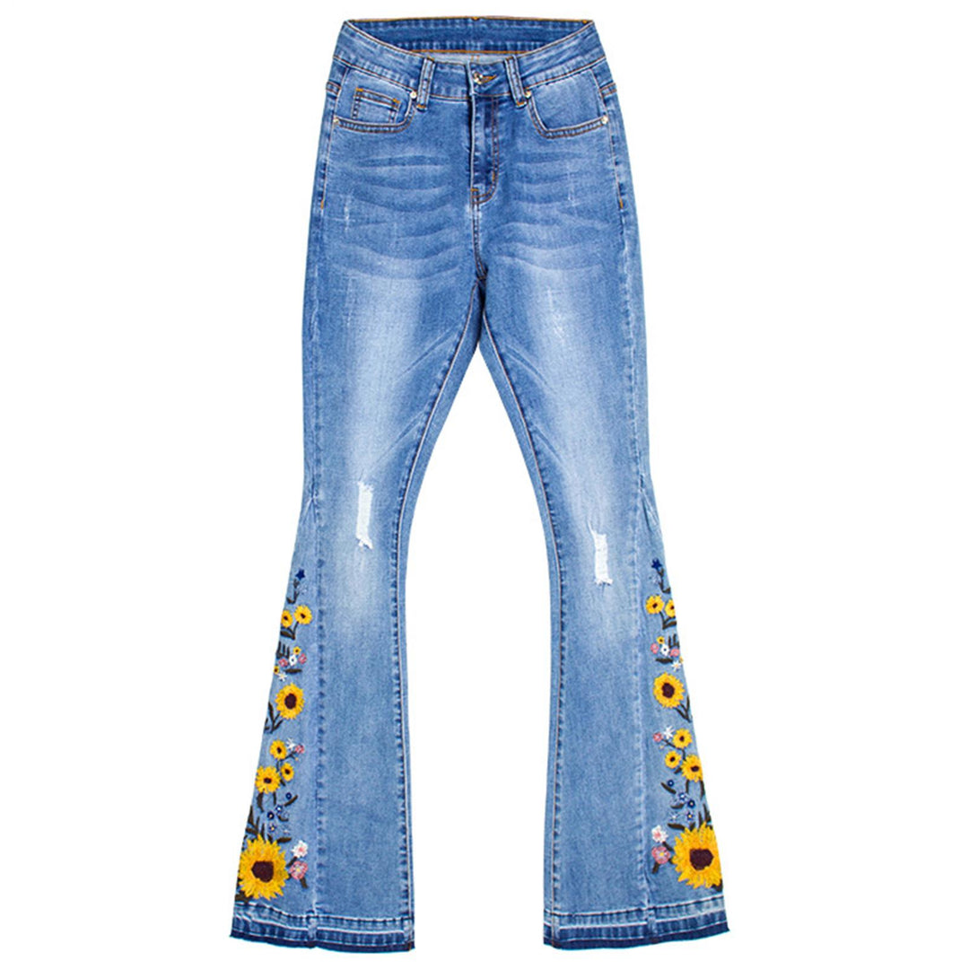 Women Flare Jeans Sunflower Embroidered Midlle Waisted Flared Jean Stretchy Denim Pants for Vacation Travel calm