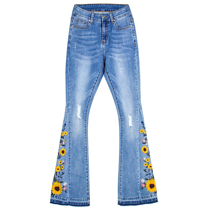 Women Flare Jeans Sunflower Embroidered Midlle Waisted Flared Jean Stretchy Denim Pants for Vacation Travel calm