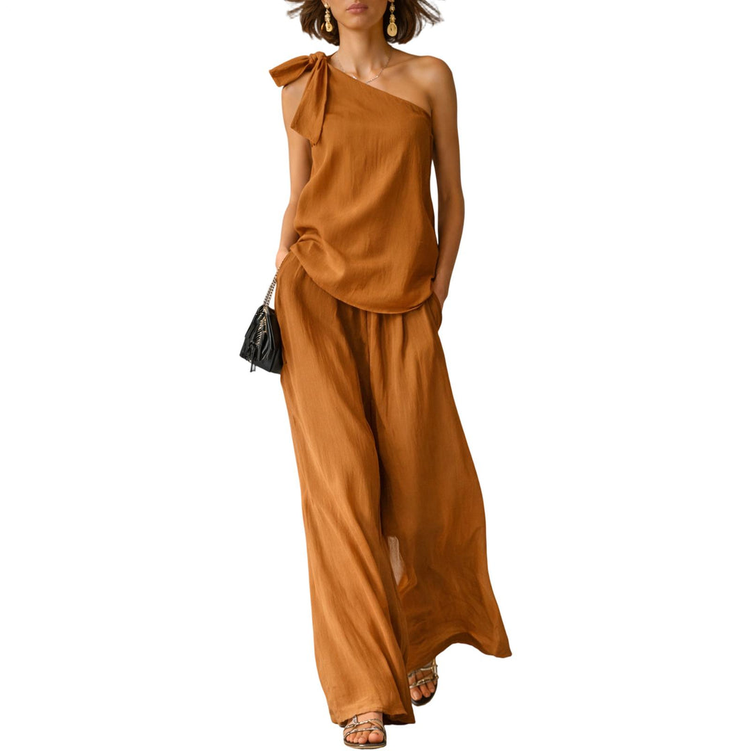 Summer Outfits for Women 2 Piece Set Off Shoulder Asymmetrical Neck Tank Tops Wide Leg Pants Set for Travel refined