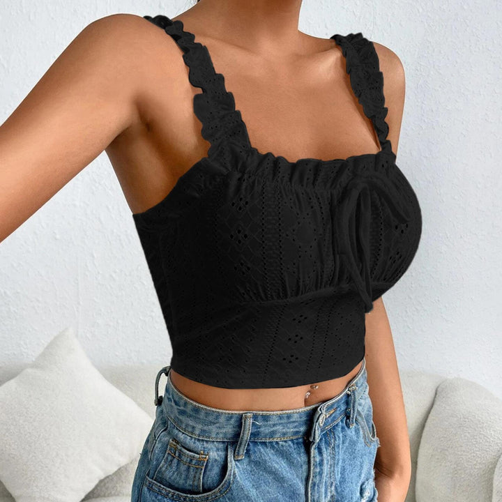 Eyelet Tank Tops for Women Ruffle Ruched Sleeveless Square Neck Tie Front Bust Crop Camisole Tops for Travel excellent