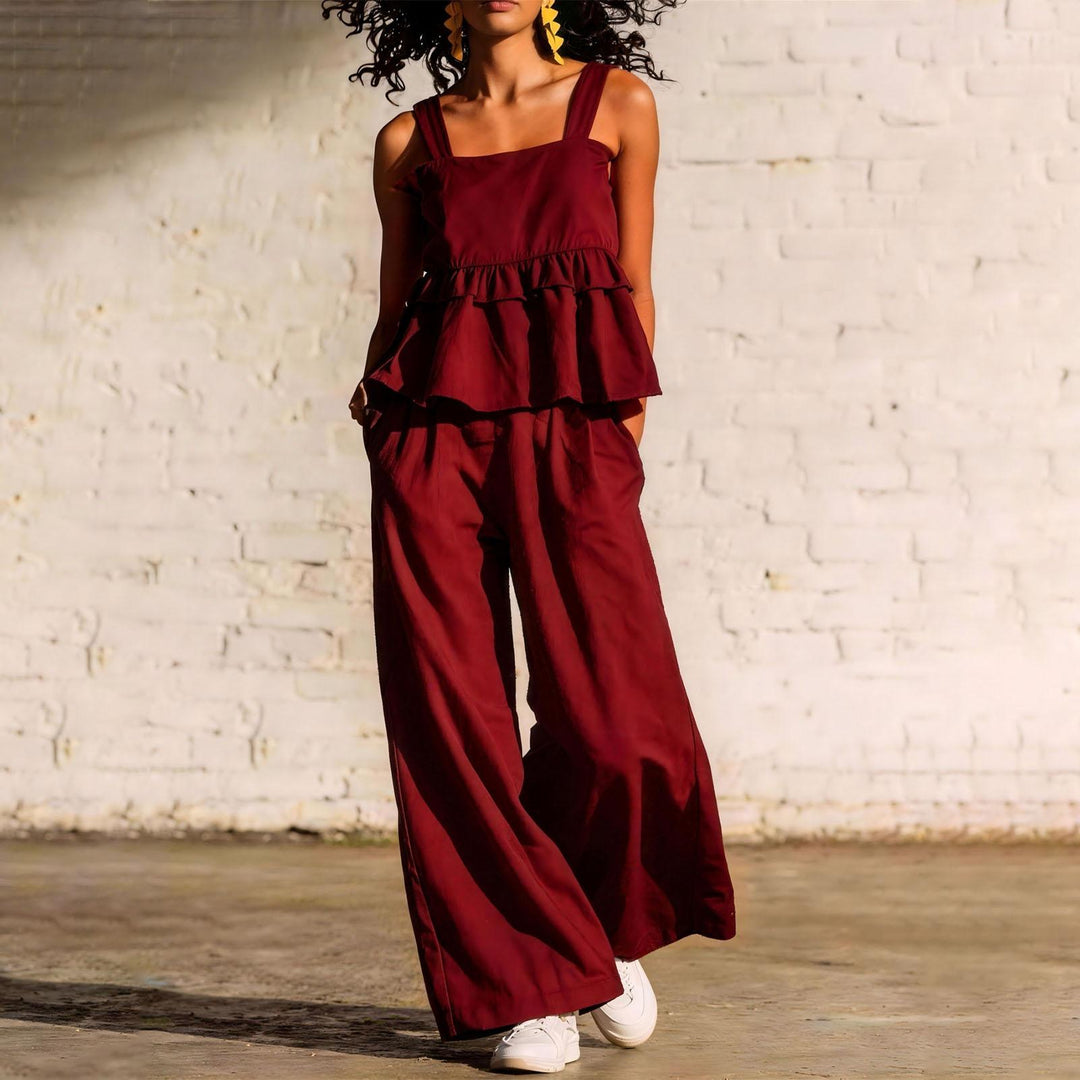 2 Piece Summer Sets for Women Ruffle Casual Summer Sleeveless Peplum Top and Wide Leg Pants Sets for Leisure workable