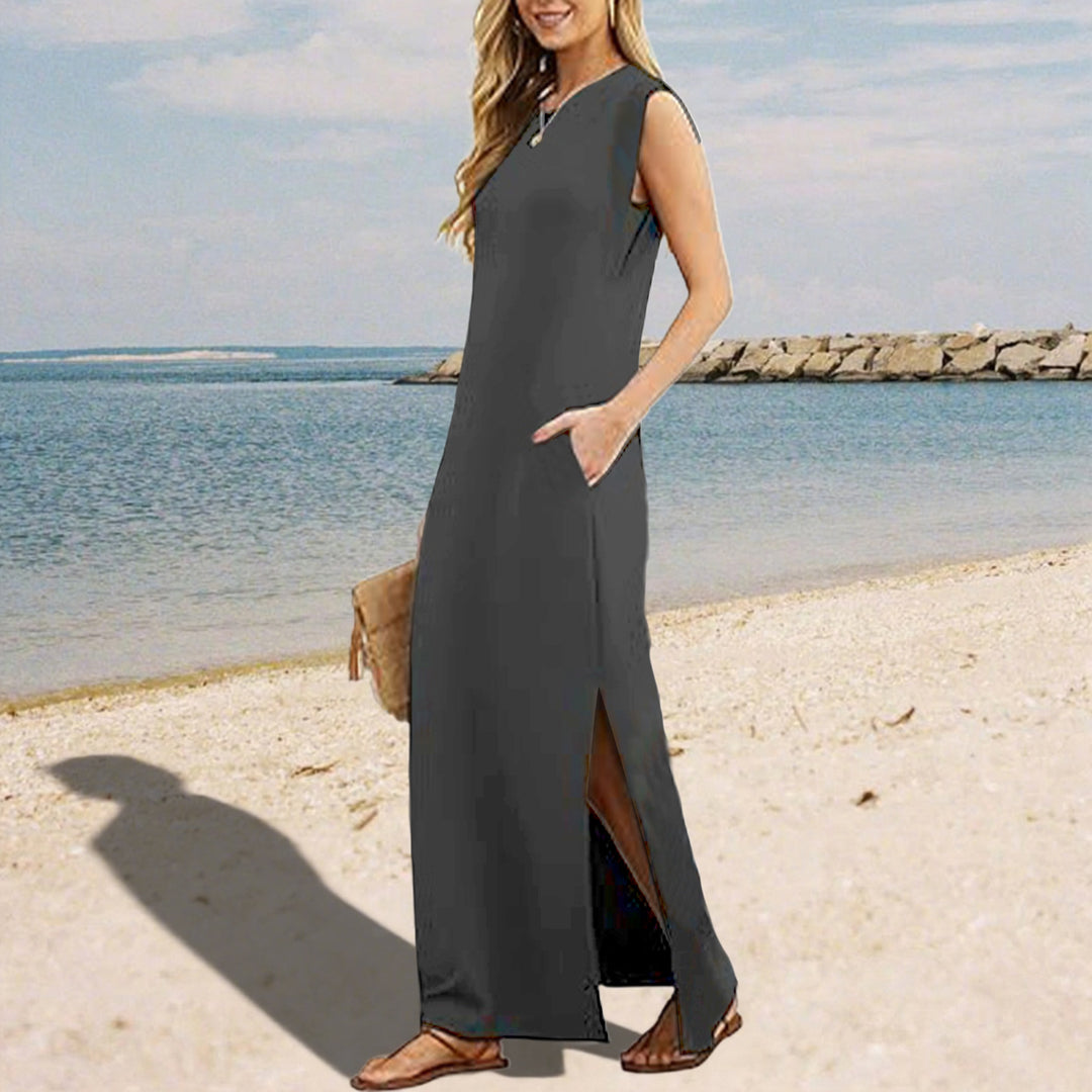 Tank Maxi Dress Sleeveless Solid Color Maxi Dress Loose Fit Side Slit Sundress for Fashionable Daily Wear Vacation Dating classy