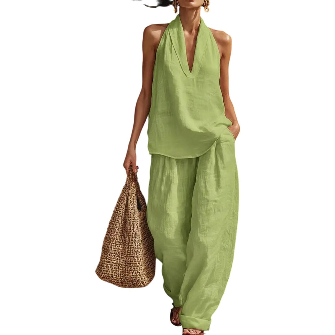 Summer Outfits for Women 2 Piece Set Deep V Neck Sleeveless Loose Fit Halter Top and Wide Leg Pants for Beach classical