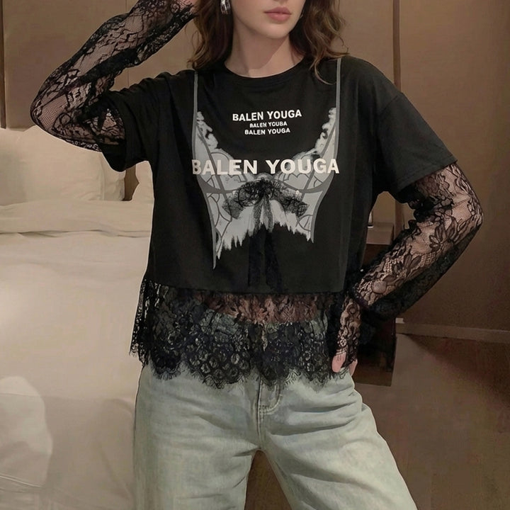 Lace Tshirt for Women Lace Splicing Long Sleeve Shirts Blouse Crew Neck Casual Layered Tee for Vacation Party superb
