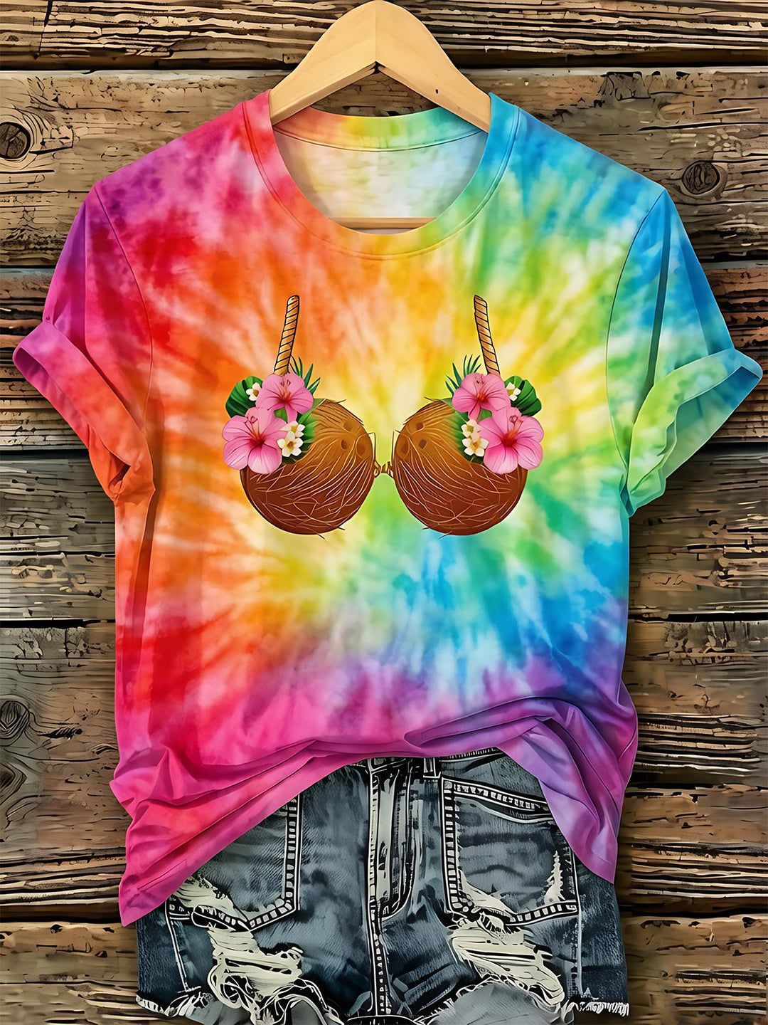 Fun Coconut Bikini Tropical Flower Colorful Tie-Dye Women's Short Sleeve Crew Neck T-shirt