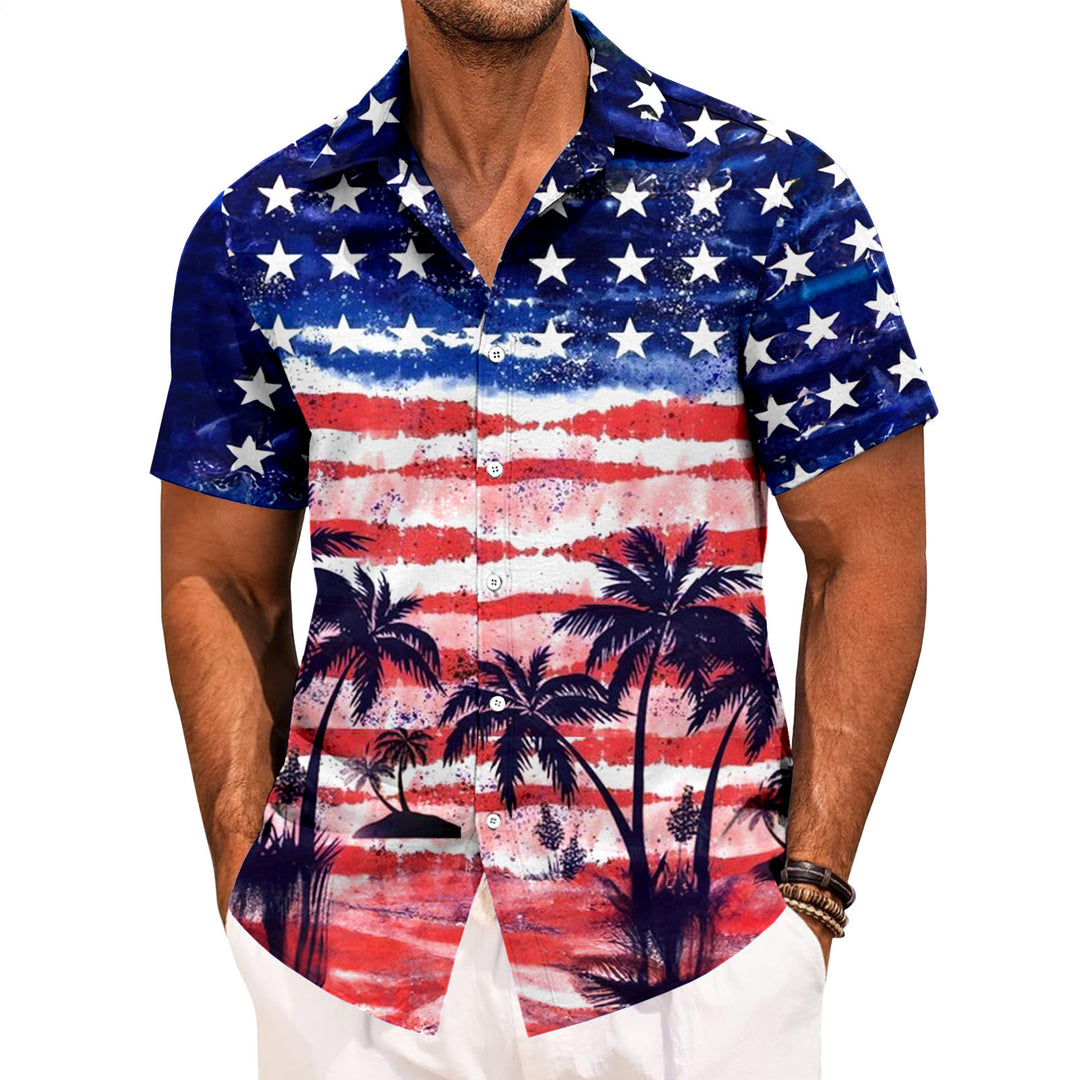 Mens Patriotic Button Down Shirts American Flag Short Sleeve Casual Button Up Hawaiian Shirts for Vacation polite
