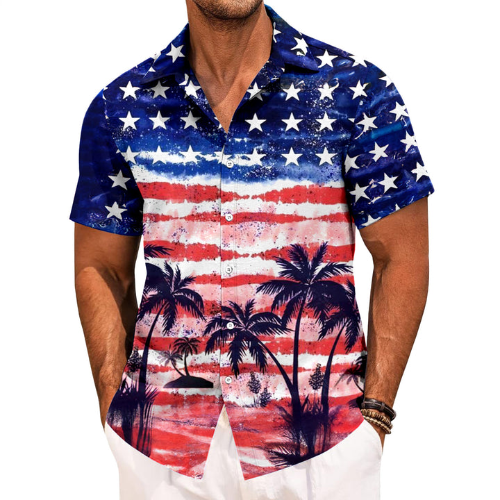 Mens Patriotic Button Down Shirts American Flag Short Sleeve Casual Button Up Hawaiian Shirts for Vacation polite