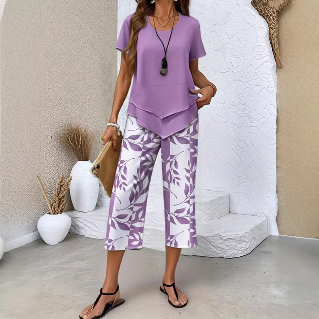 2 Piece Sets for Women Summer Crewneck Short Sleeve Shirts and Wide Leg Capri Pants Lounge Outfit for Travel gently