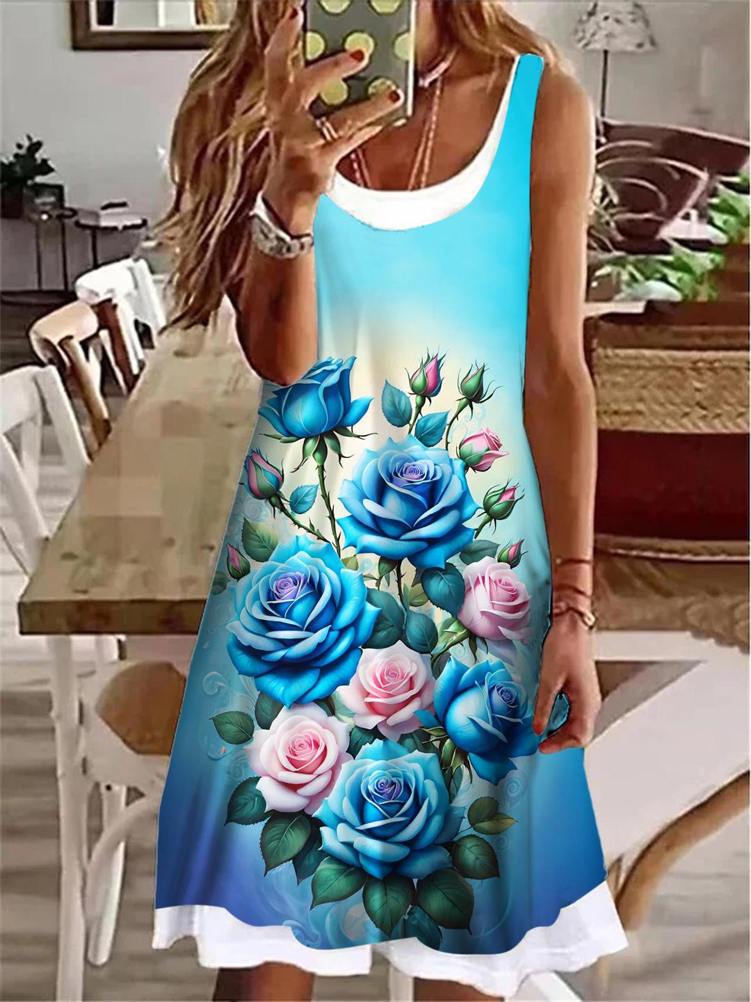 Blue Rose Print Ladies False Two Dress