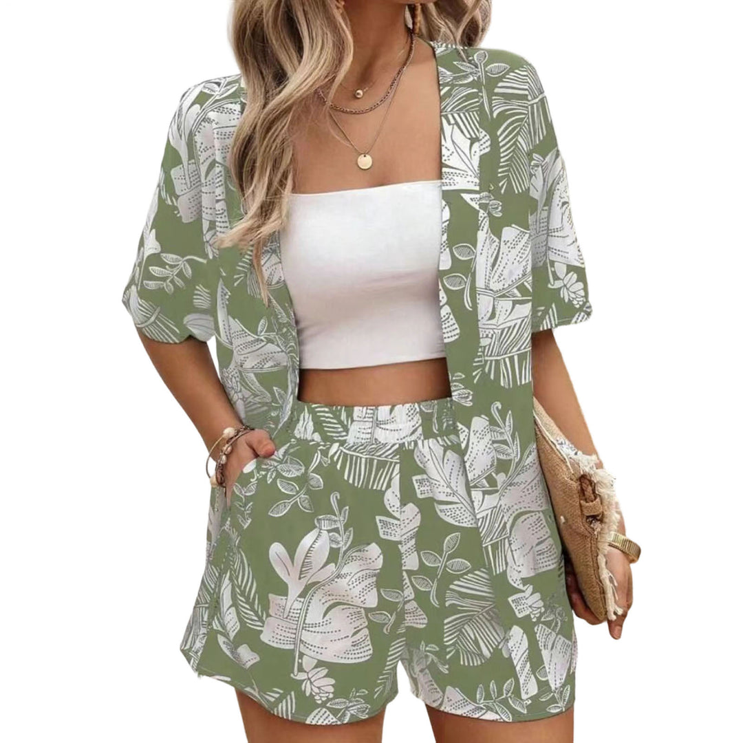 Beach 2 Piece Outfits for Women Boho Floral Leaf Summer Outfits Short Sleeve Shirt Beach Sets for Daily Wear favorable