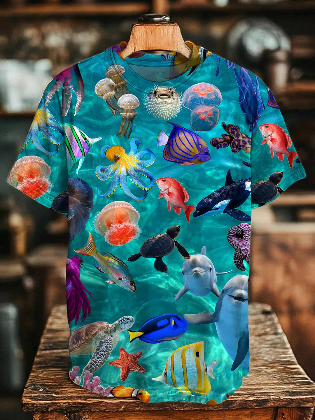 Marine Life Print Women's Short Sleeve Crew Neck T-shirt