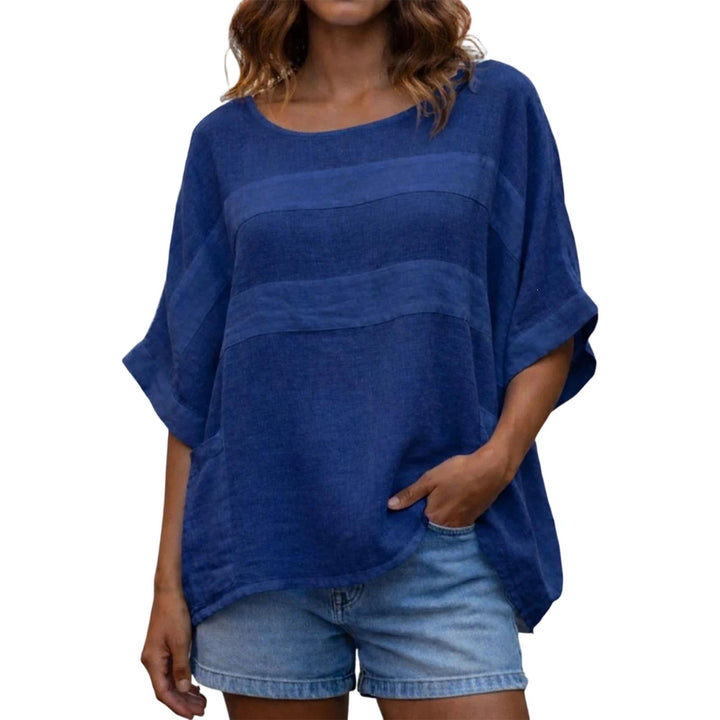 Women's Linen Shirt 3/4 Batwing Sleeve Summer Casual Crewneck Shirts Lightweight Flowy Blouses for Travel reasonable