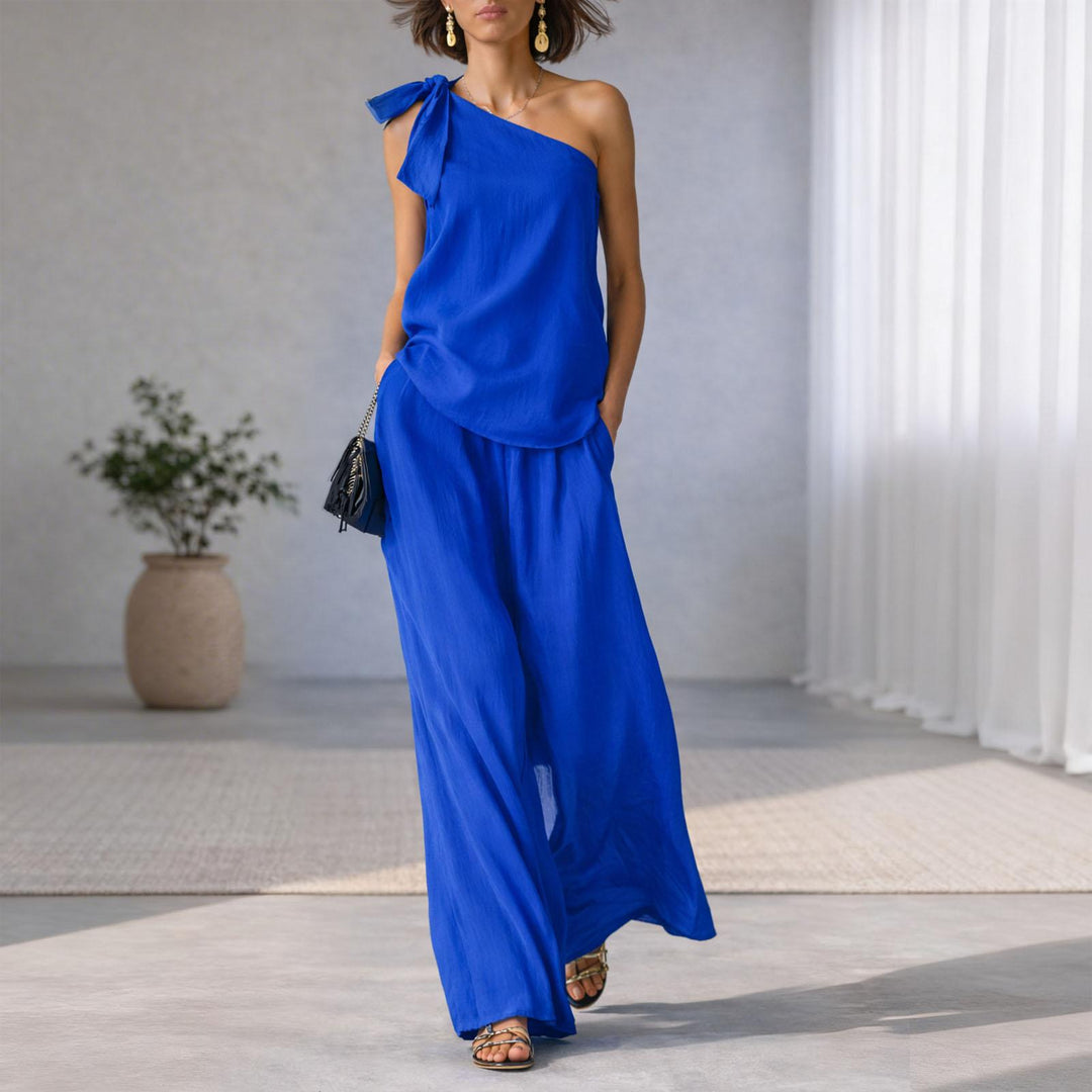 Summer Outfits for Women 2 Piece Set Off Shoulder Asymmetrical Neck Tank Tops Wide Leg Pants Set for Travel refined