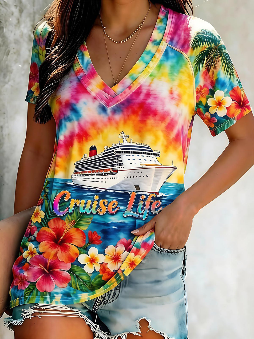 Hawaiian Colorful Tie-Dye Cruise Life Vacation Short Sleeve V Neck Print Top