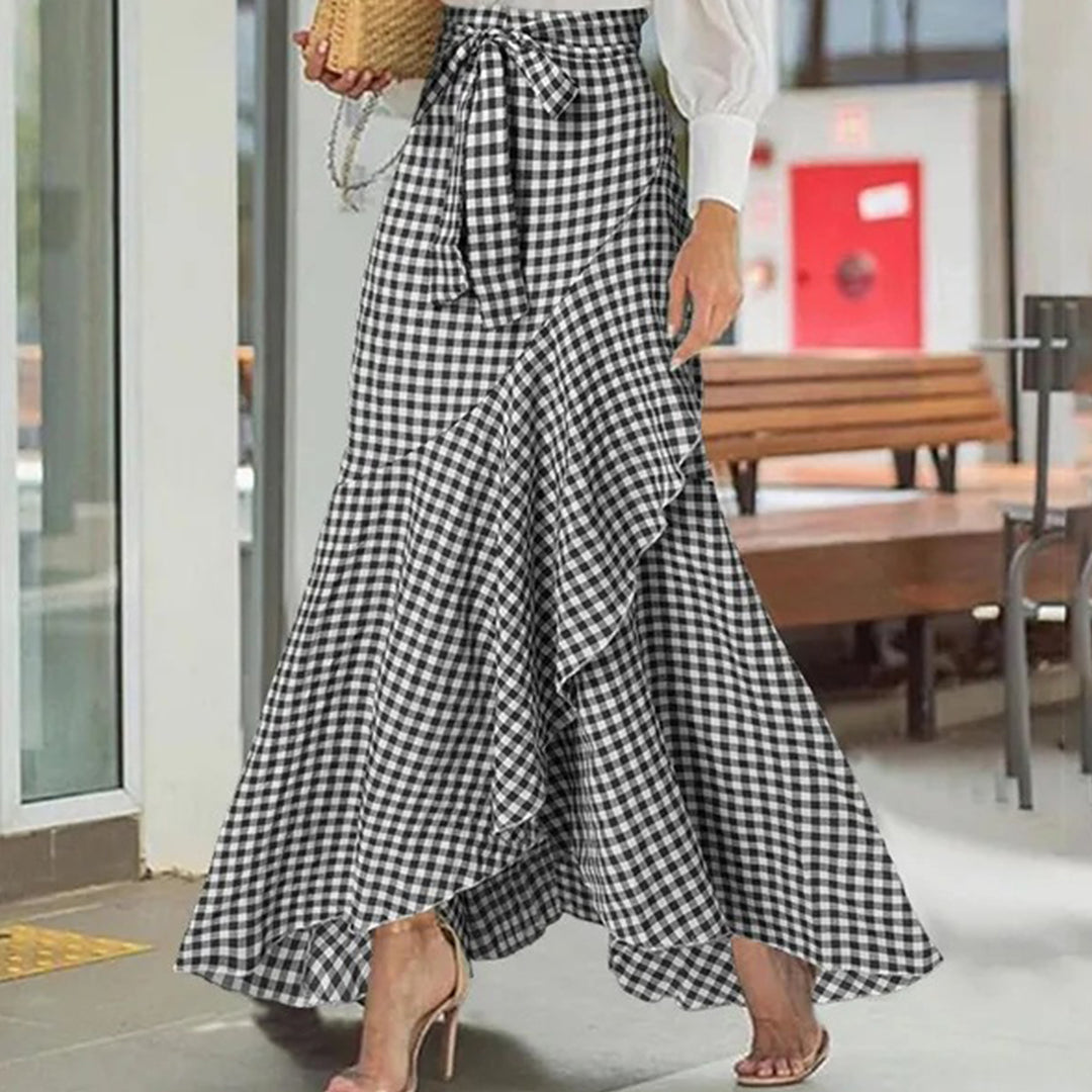 Long Plaid Skirt Mermaid A Line Women High Waist Flowy Ruffle High Low Skirts Waist Tie Clothes Daily Wear capable