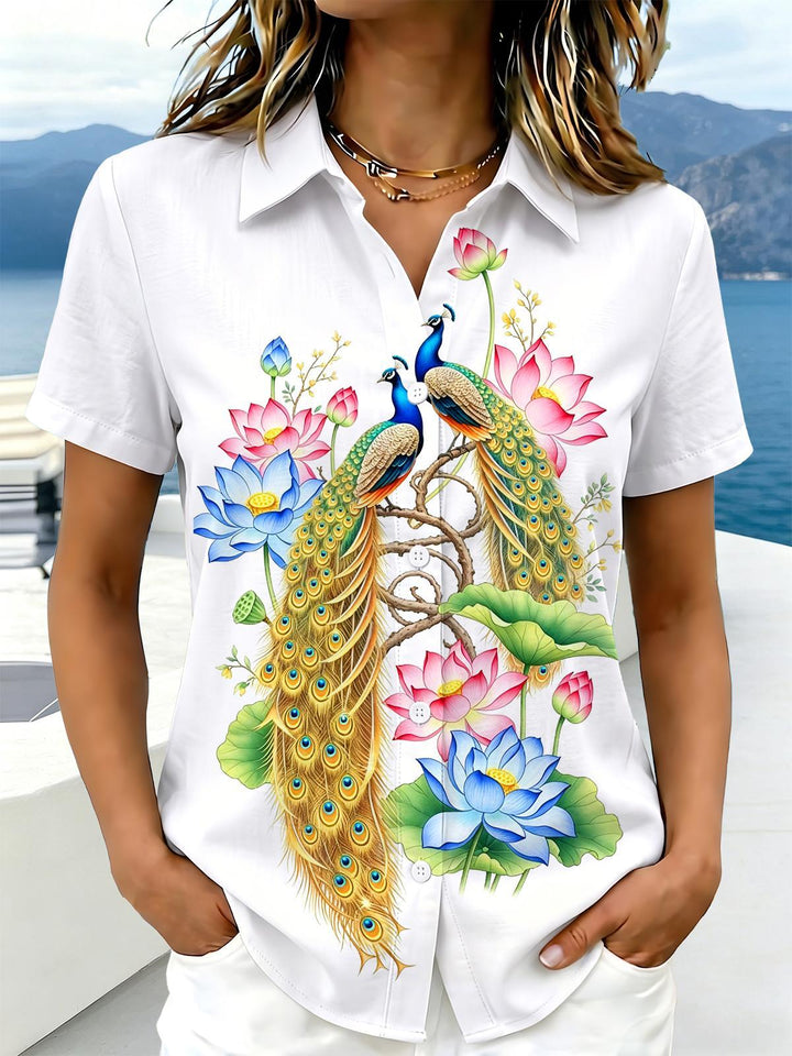 Peacock And Lotus Auspicious Women's Short Sleeve Shirts