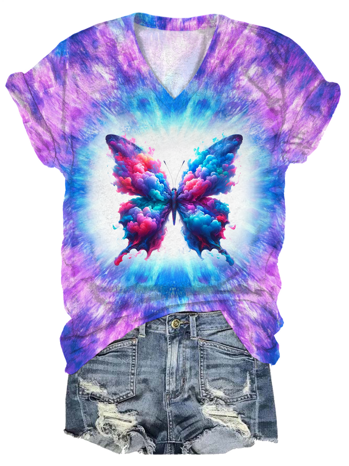 Tie-dye Colored Smoke Butterfly V-neck T-Shirt
