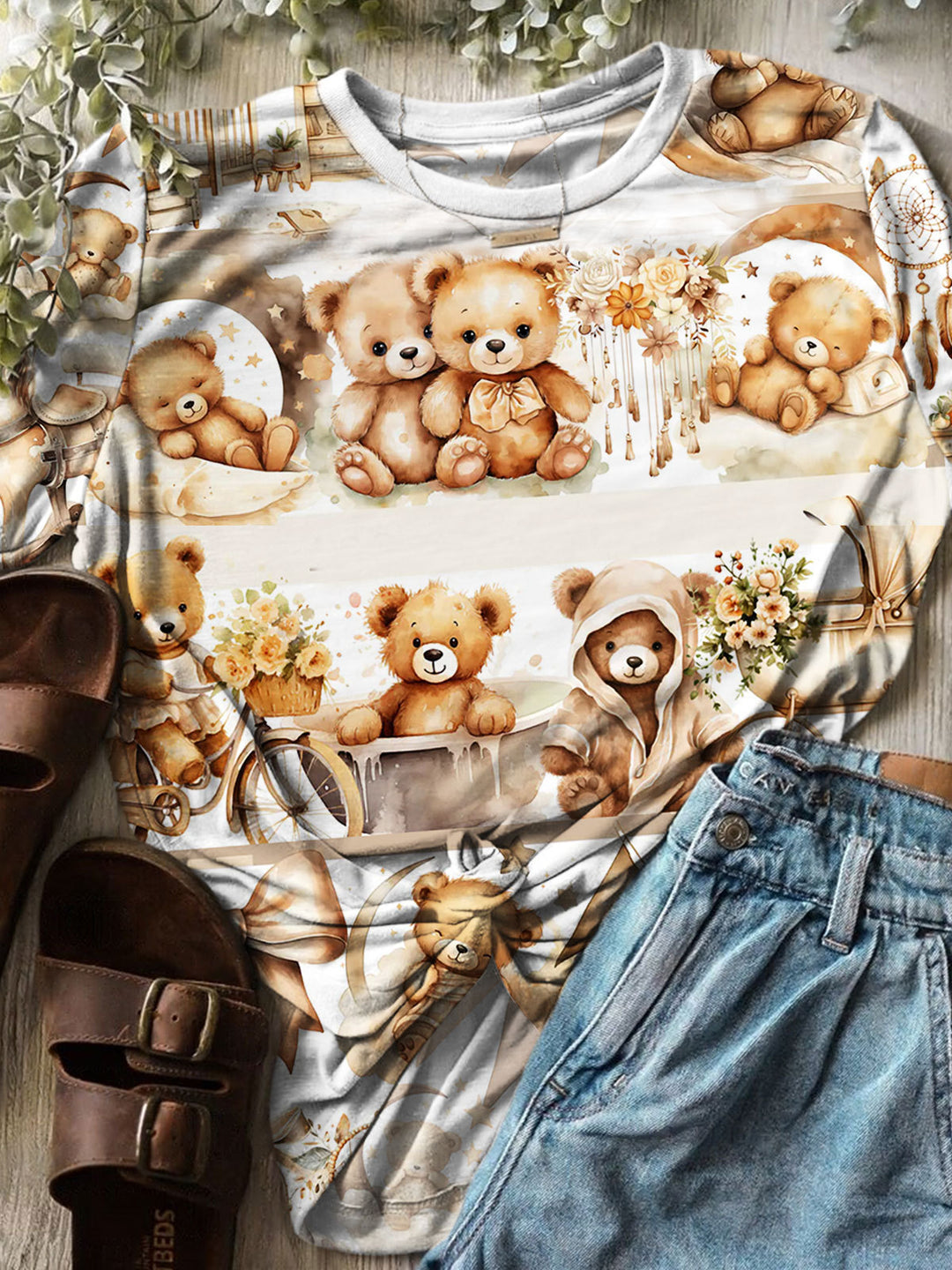 Women's Teddy Bear Print Short Sleeve Top
