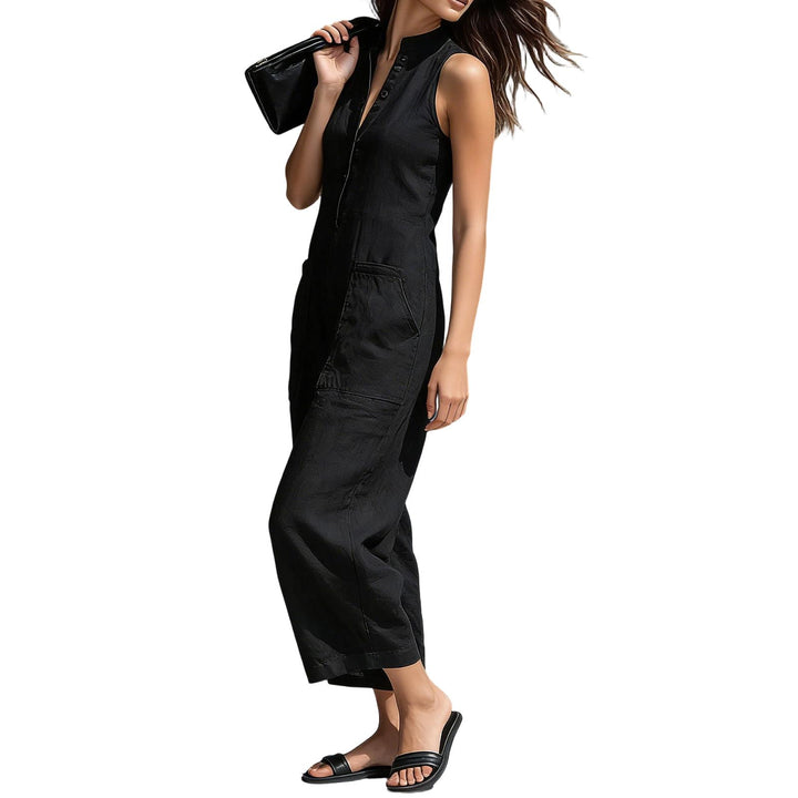 Sleeveless Jumpsuits for Women Button Front Stand Collar Sleeveless Loose Wide Leg Jumpsuit for Vacation classical