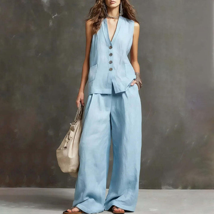 Womens Vest and Pants Set Two Piece Button Down Vest Top and Wide Leg Pants Casual Outfits for Work Travel ideal
