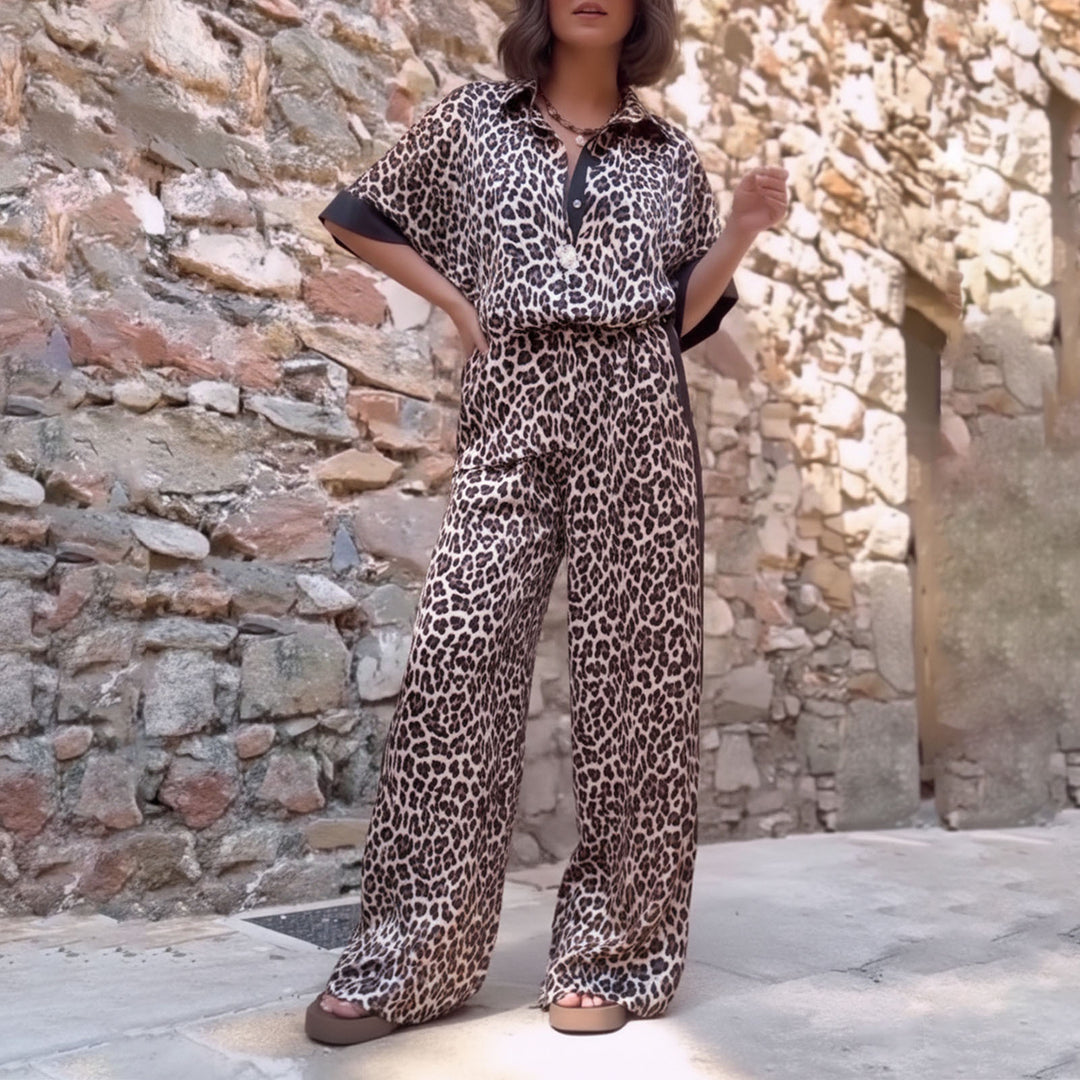 Womens Lounge Set 2 Piece Leopard Print Button Down Shirt with Palazzo Pants Going Out Outfit Streetwear fun