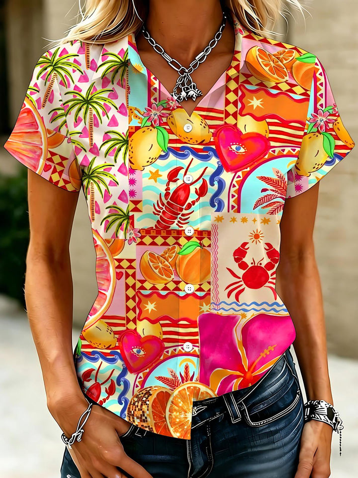 Hawaiian Cocoa Trees Lobster Crab Women's Short Sleeve Shirts