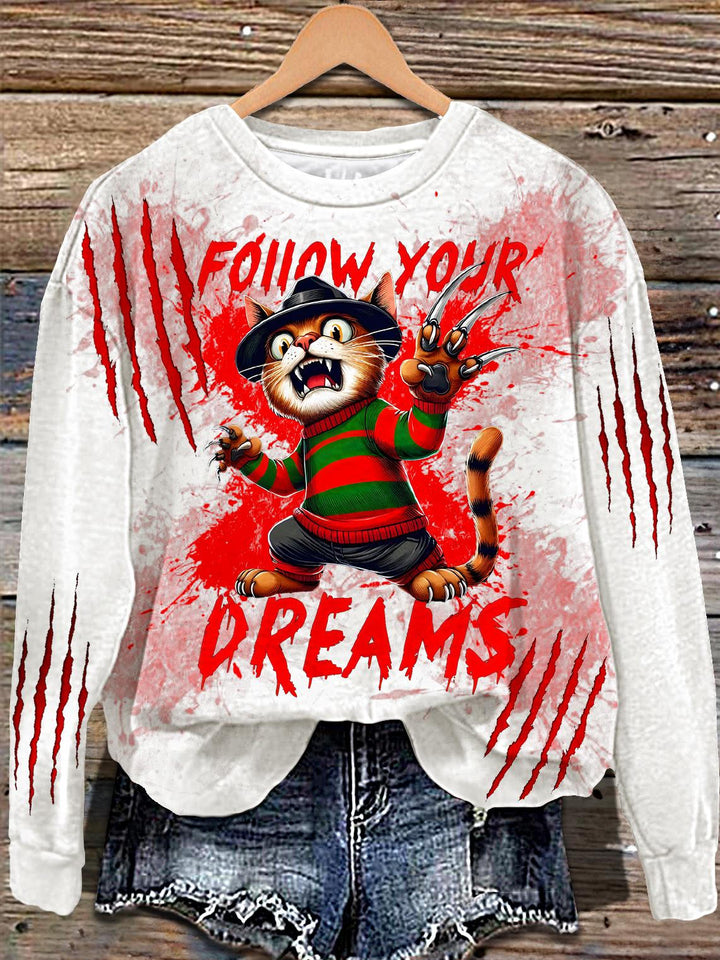Halloween Horror Movie Kitten Print Long Sleeve Casual Top