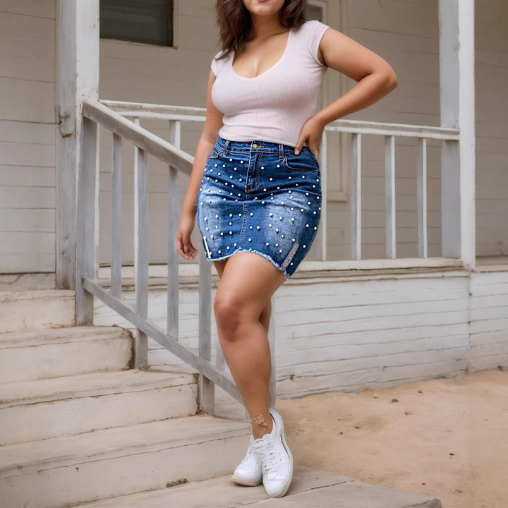 Mini Jean Skirt High Rise Beaded Frayed Hems Bodycon Mini Jean Skirt with Pockets for Vacation Daily Wear boosted